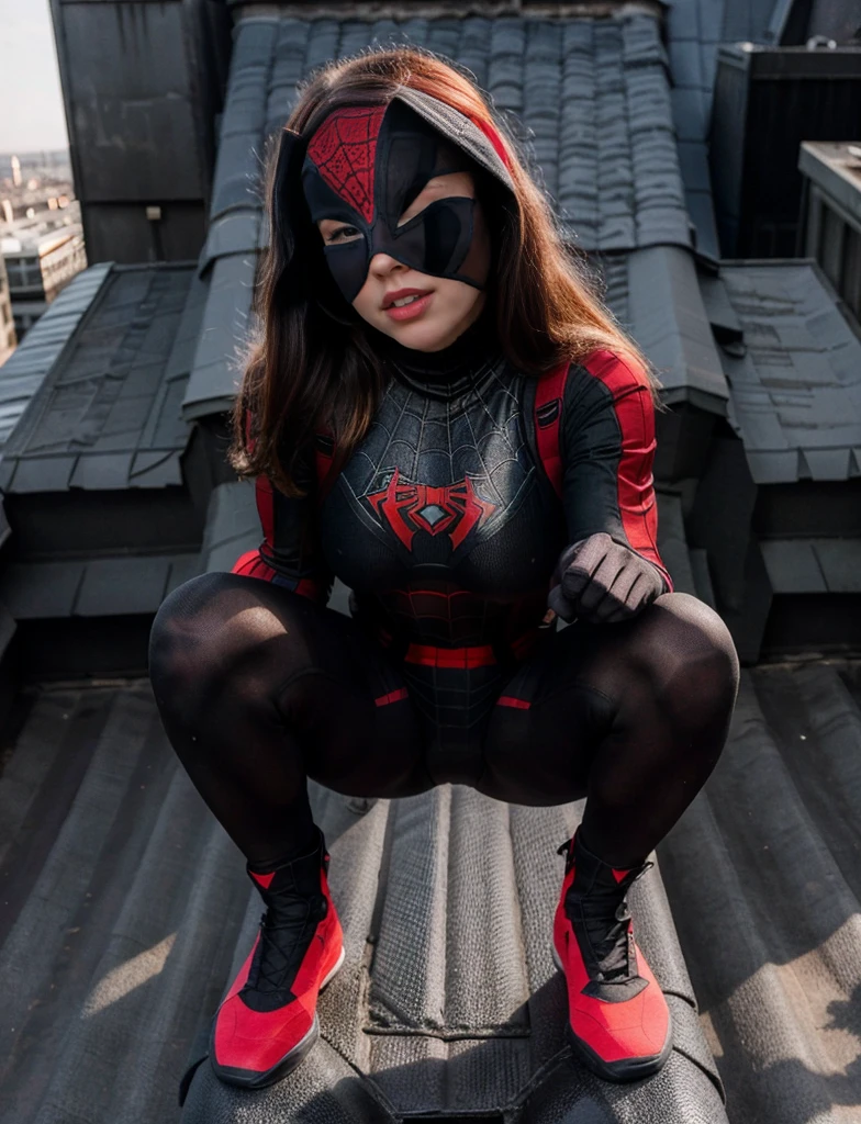Sabrina Carpenter, squatting on a roof, wears a black form-fitting spider-man bodysuit with a sleek, wears a (red mask) that covers her head, leaving only her eyes and mouth exposed, (full body render), (full body view)