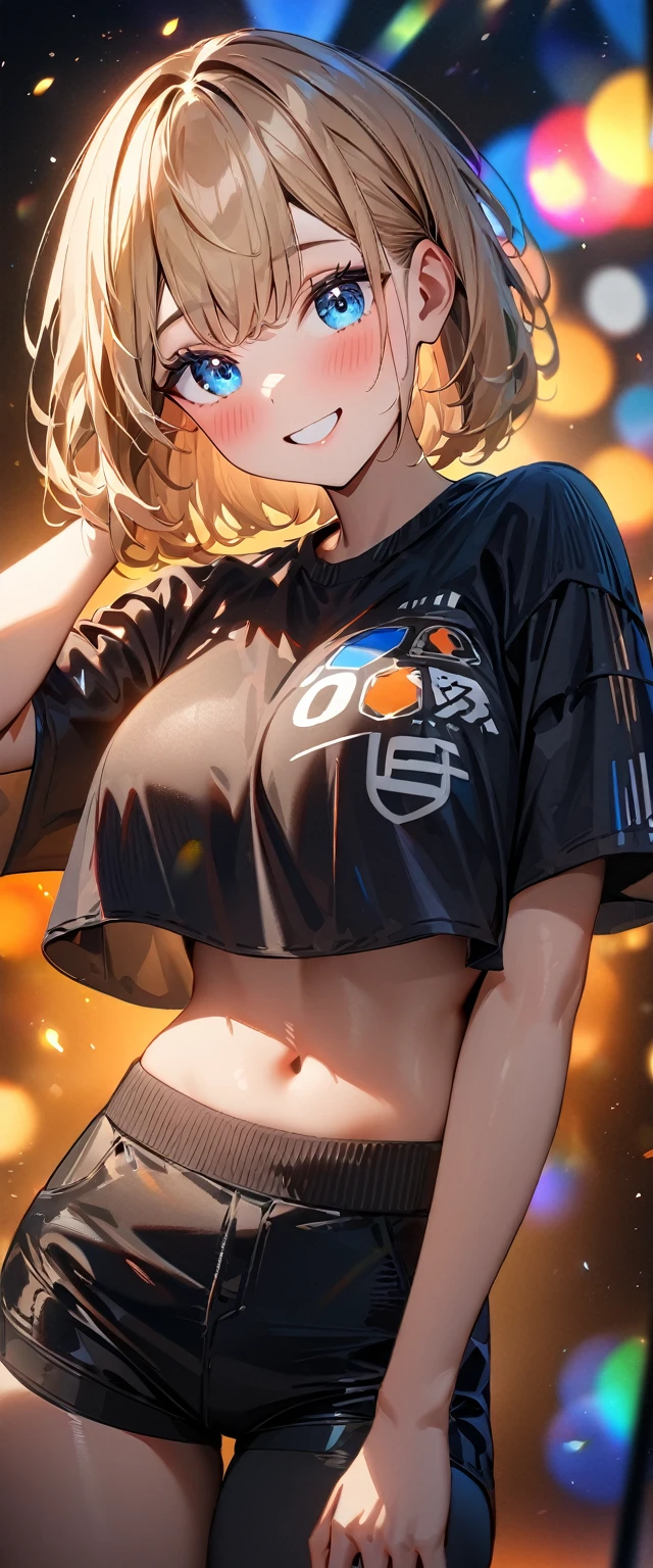 (((One girl))), blond hair, bob cut, big breasts, (cowboy shot), (looking at viewer), ((black shorts)), ((black crop top overhang)), face in focus, ager, head tilt:1.3, (((blue eye))), ((happy smile)), ((blush)), contrapposto, arms up, anime style, (best quality, 4k, 8k, highres, masterpiece:1.2, ultra-detailed, ultra-detailed eyes, HDR, UHD, studio lighting, ultra-fine painting, sharp focus, physically-based rendering, extreme detail description, professional, vivid colors, bokeh)