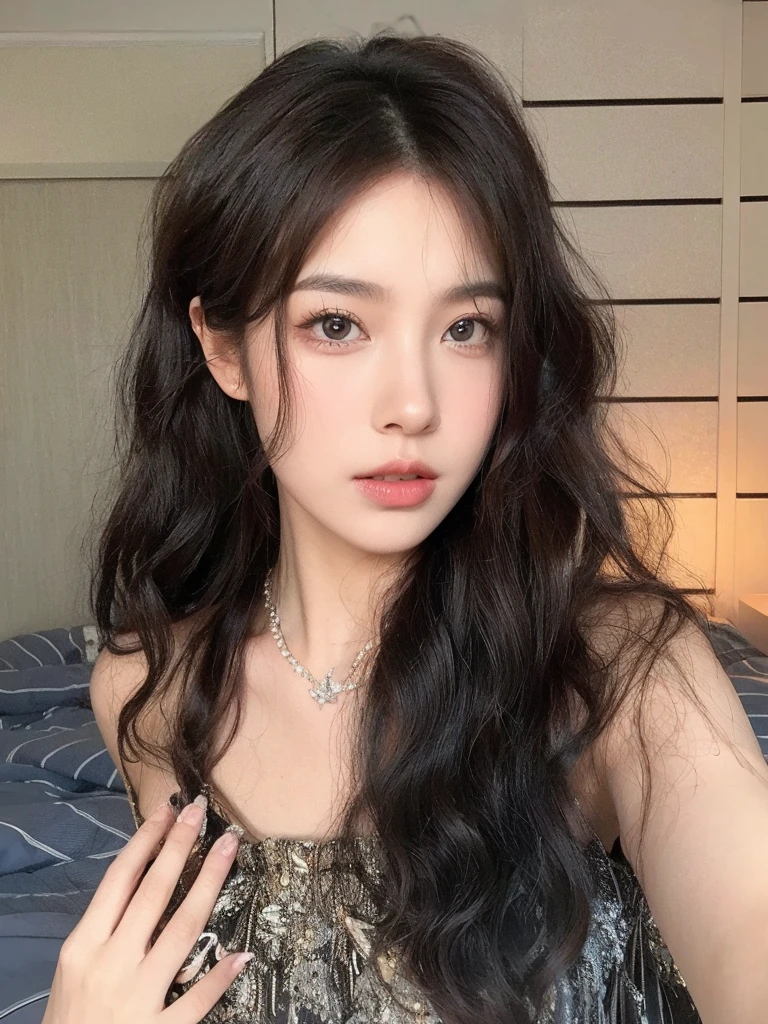 Medium length curls,Natural hair looks good,Background room bed simple and clean,Overall beautiful and natural,uniform hair color
