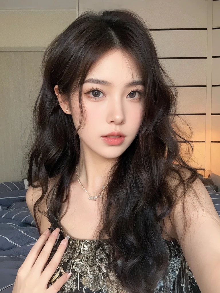 Medium length curls,Natural hair looks good,Background room bed simple and clean,Overall beautiful and natural,uniform hair color