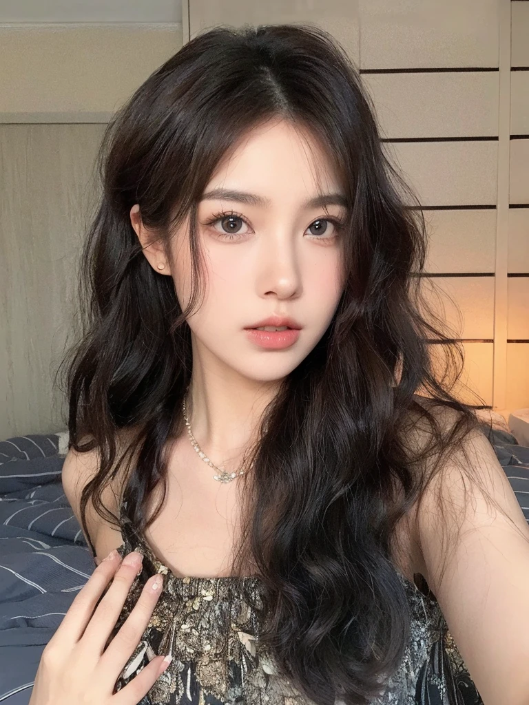 Medium length curls，Natural hair looks good，Background room bed simple and clean，Overall beautiful and natural，uniform hair color