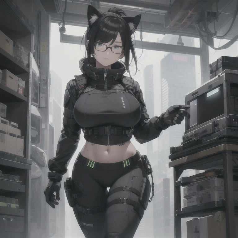 Absurd resolution, high resolution, (masterpiece: 1.4), hyper-detail, full body shot, solo, 1 kemono feline cat woman, black hair, glasses, messy ponytail, cute face, detailed soft grey eyes, huge massive hyper super swollen breasts that cover her whole torso and are bigger than her head while being so big they reach her belly button, extremely large bust, wide full hips, narrower torso and shoulders, smaller torso, full thicc big soft thighs, big rounded full soft butt, ruggedized utility styled outfit, full body outfit coverage with no skin showing or revealed, weather-proof durable clothing material, monochrome black and grey fullbody covering protective padding pilot rugged utility suit with white chest, scifi padded rugged high collar techwear jacket, white and black triangular decals and techwear iconography on apparel and clothing, techwear gloves, arm mounted strapped display scifi tablet/communication device/computer, rugged tablet display mounted on MOLLE strap on top of her bust, ruggedized computer tablet mounted above her breasts, screen display mounted on top of her chest, ruggedized tech, ruggedized tech aesthetic, fitted utility pants, utility chaps, near future scifi, cyberpunk aesthetic, anime aesthetic, Death stranding style