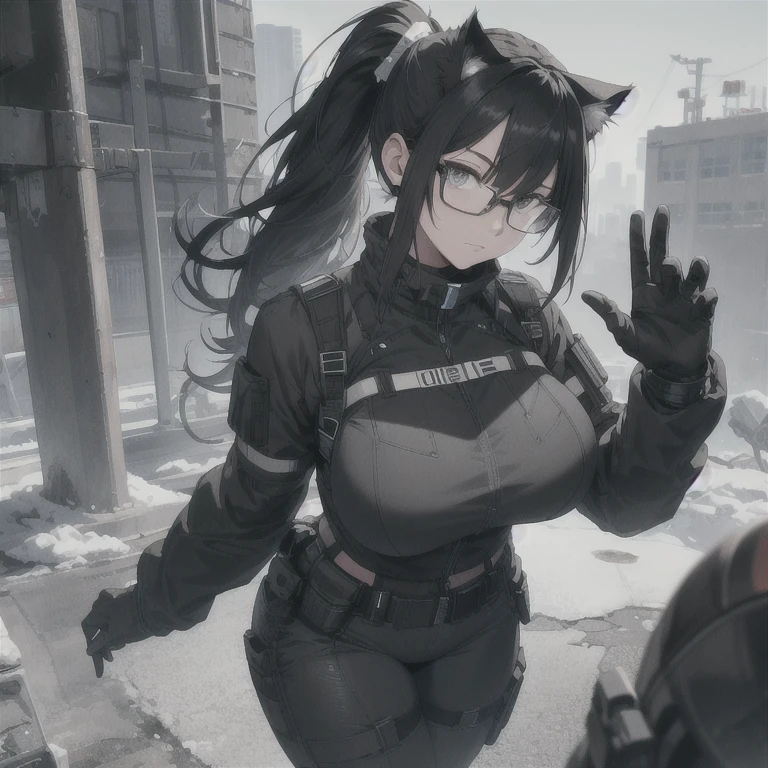 Absurd resolution, high resolution, (masterpiece: 1.4), hyper-detail, full body shot, solo, 1 kemono feline cat woman, black hair, glasses, messy ponytail, cute face, detailed soft grey eyes, huge massive hyper super swollen breasts that cover her whole torso and are bigger than her head while being so big they reach her belly button, extremely large bust, wide full hips, narrower torso and shoulders, smaller torso, full thicc big soft thighs, big rounded full soft butt, ruggedized utility styled outfit, full body outfit coverage with no skin showing or revealed, weather-proof durable clothing material, monochrome black and grey fullbody covering protective padding pilot rugged utility suit with white chest, scifi padded rugged high collar techwear jacket, white and black triangular decals and techwear iconography on apparel and clothing, techwear gloves, arm mounted strapped display scifi tablet/communication device/computer, rugged tablet display mounted on MOLLE strap on top of her bust, ruggedized computer tablet mounted above her breasts, screen display mounted on top of her chest, ruggedized tech, ruggedized tech aesthetic, fitted utility pants, utility chaps, near future scifi, cyberpunk aesthetic, anime aesthetic, Death stranding style