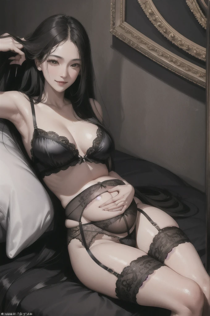 (masterpiece:1.2, Highest quality), (live-action, Intricate details), 1 Female, alone, Black garter belt,Black sexy lingerie、 Long Hair, Minimal makeup, Natural materials, Close-up face, smile, Lying in bed、Large Breasts、Nine months pregnant