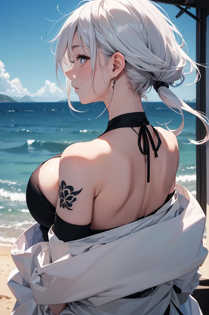 (Image from chest up:1.4)((masterpiece:1.5,Highest quality,Beautiful images、2.5D、Abstract、Artistic、Portraiture))(1girl, 独奏)(medium breasts, white hair、bob hair、Beautiful cleavage、Exposing shoulders、Tattoo on shoulder)(横顔のPortraiture,Gaze sideways、Gaze diagonally、Shake your head、A sad expression, floating hair)(Monotone artistic background)((from behind:1.5)),Landscape