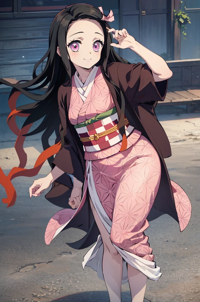 (masterpiece:1.3), (best quality:1.1), (8k, ultra detailed, ultra high res:1.2), ((anime style)), perfect 5 fingers, perfect anatomy,
1girl,
Kamado Nezuko,
BREAK long hair, wavy hair,
black hair,
pink eyes,
ribbon,
small breasts,
BREAK japanese clothes, pink kimono, brown haori, obi,
smile,
looking at viewer,
cowboy shot,
perfect light,