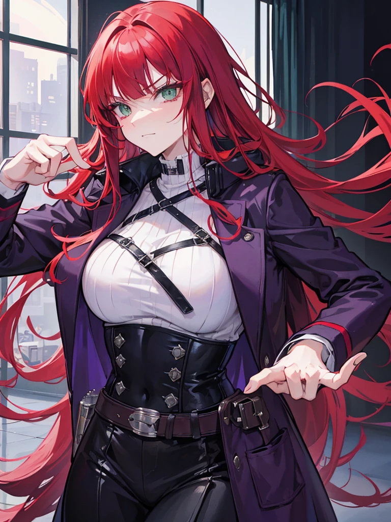 woman, green eyes, long red hair, bangs. she hair wavy. wear purple black dress, arrogant, independent woman, thug. bad girl. intimidating women. background in luxury mansion. without expression