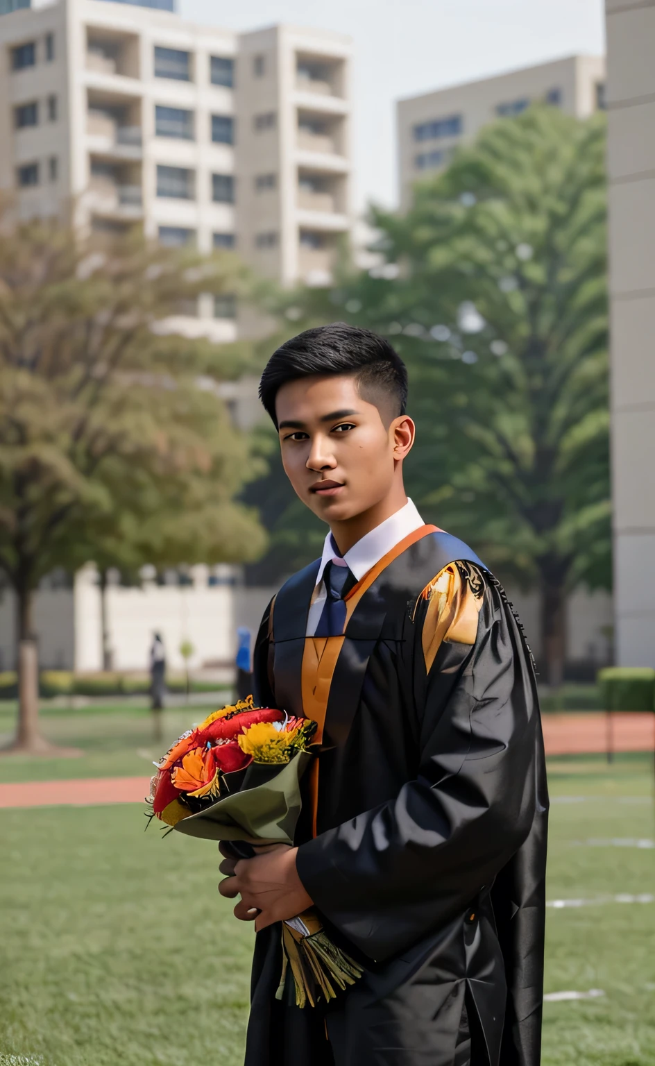 Create a portrait-style painting of a young man (asian look) at his mechanical engineering bachelor's degree graduation. He stands proudly in his graduation balck gown and stole, which bears the inscription 'Faishal Yaafi S.T.', holding a bouquet of flowers. In the background, depict the campus where the graduation ceremony took place (outdoor) (like on the campus field but there some building on that background), capturing the essence of achievement and pride
