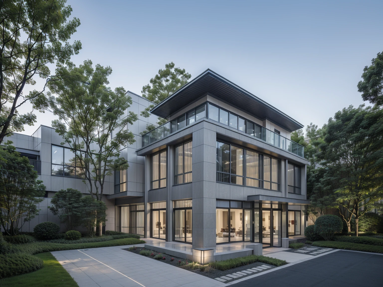 RAW photo, a photo of a modern villa with a car parked in front of it, ((1/2 dark grey wood facade)), architectural shot, gate, road, viet nam modern residence, rough white wall, new residential area, wide angle exterior 2022, contemporary house, exterior photography, masterpiece, contemporary architecture, overcast, indirect lighting