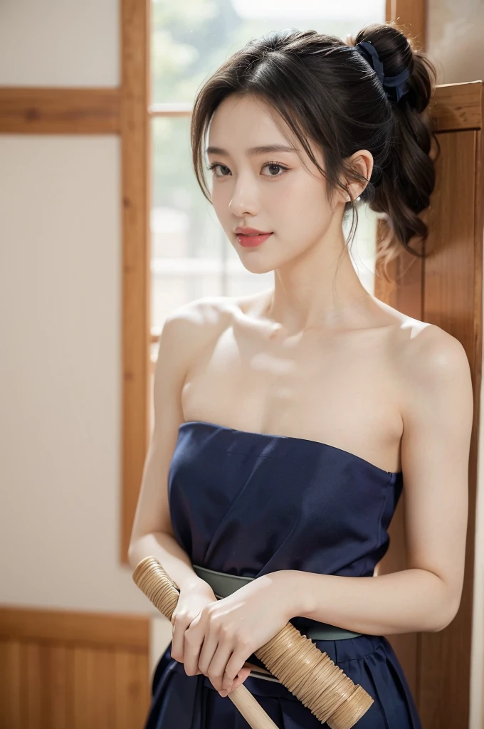 (((best quality))),(((ultra detailed))),(((masterpiece))),illustration,1girl,solo,tonogui,short ponytail,slim,thin,small breasts,flat chest,strapless white tank top,maxi navy-blue kendo hakama,standing in kendo gym,(holding a bokuto:1.3),arms behind back,focused and determined expression,ready for challenge,slender and elegant face,confident and resilient,fair skin,blush,neat teeth,bright smile,clean and tidy uniform,wooden gym floor,wall,pine scent,standard grip,ready to slice through obstacles,strong belief,determination,spirit of resilience,admiring,from front,upper body,