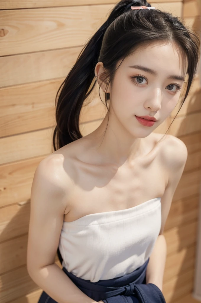 (((best quality))),(((ultra detailed))),(((masterpiece))),illustration,1girl,solo,tonogui,short ponytail,slim,thin,small breasts,flat chest,strapless white tank top,maxi navy-blue kendo hakama,standing in kendo gym,(holding a bokuto:1.3),arms behind back,focused and determined expression,ready for challenge,slender and elegant face,confident and resilient,fair skin,blush,neat teeth,bright smile,clean and tidy uniform,wooden gym floor,wall,pine scent,standard grip,ready to slice through obstacles,strong belief,determination,spirit of resilience,admiring,from front,upper body,