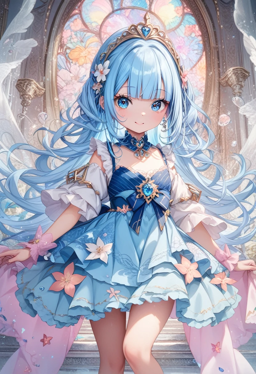 masterpiece, best quality, extremely detailed, (illustration, official art:1.1),adorable loli face、 1 girl ,(((( light blue long hair)))),pale blue hair,loli, long hair ((blush)) , cute face, big eyes, masterpiece, best quality,(((((a very delicate and beautiful girl))))),Amazing,beautiful detailed eyes,blunt bangs((((little delicate girl)))),tareme(true beautiful:1.2), sense of depth,dynamic angle,,,, affectionate smile, (true beautiful:1.2),,(tiny 1girl model:1.2),)flat chest、Kim Soo-ja, Realistic, Glass-flowered Dewdrops, Transparent Glass-flowered, Transparent Glass-flowered, Realistically Expressing Flowers, Sparkling Sunshine, One Flower symbolizes breathtaking beauty, Centered in Perfect Composition, Complex Details Showing Unique and Enchanting Elements, Very Detailed Digital Painting, Golden Ratio, Dramatic Lighting, Very Realistic, by Sooja
