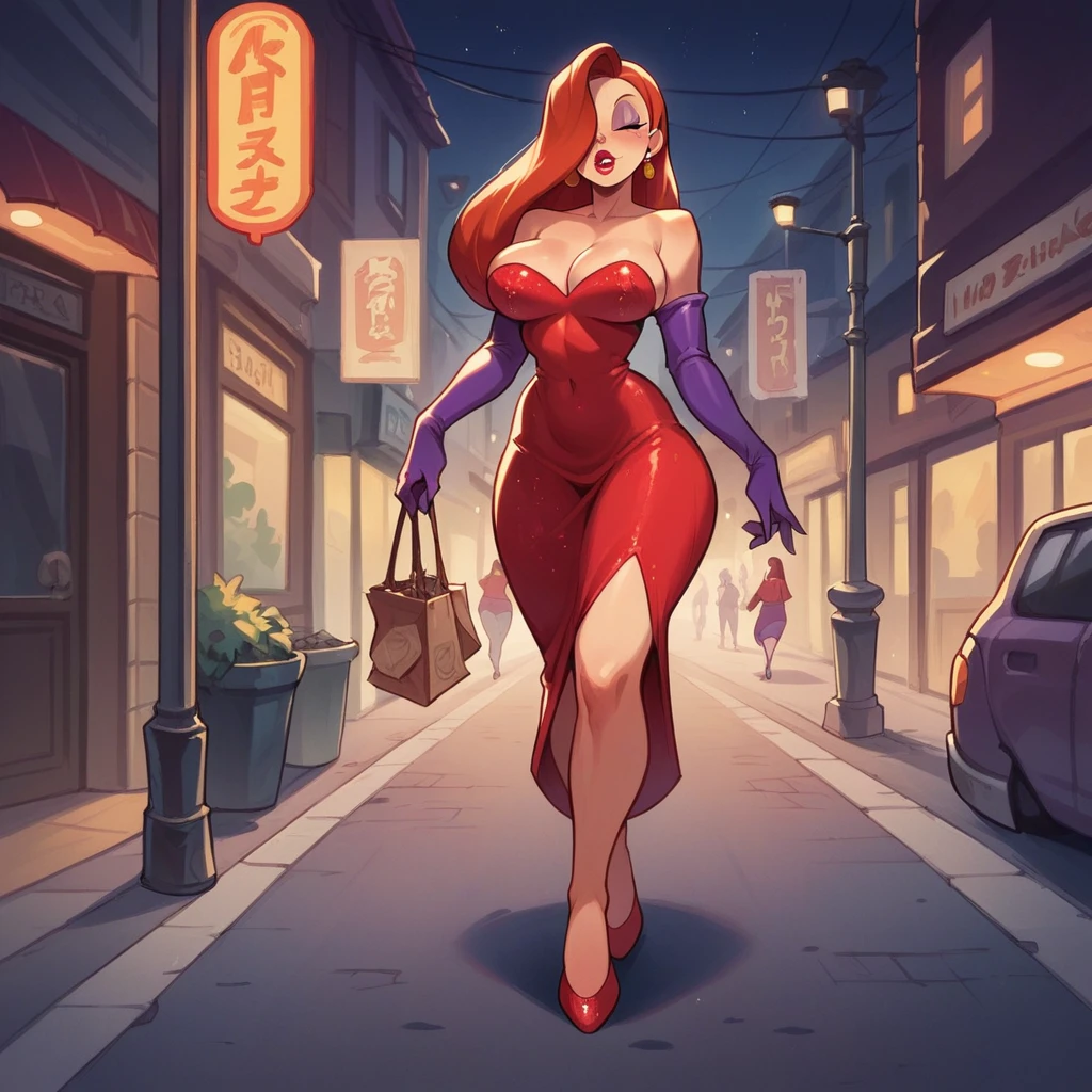 Jessica Rabbit walking as a prostitute, she has big tits and a big ass, she wears red dress, street, night