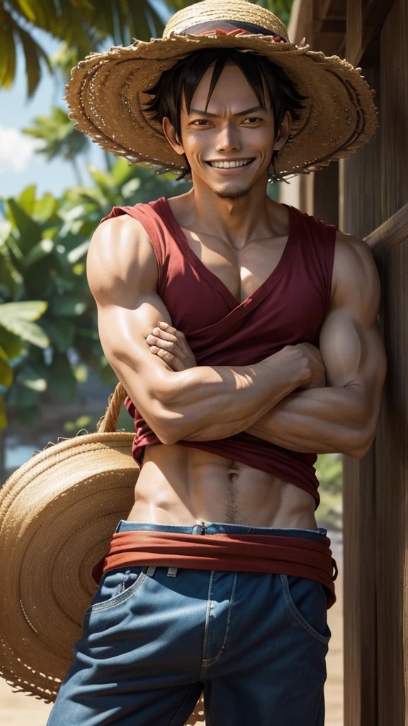 1 men, Monkey D Luffy in the straw hat with his arms crossed smiling 