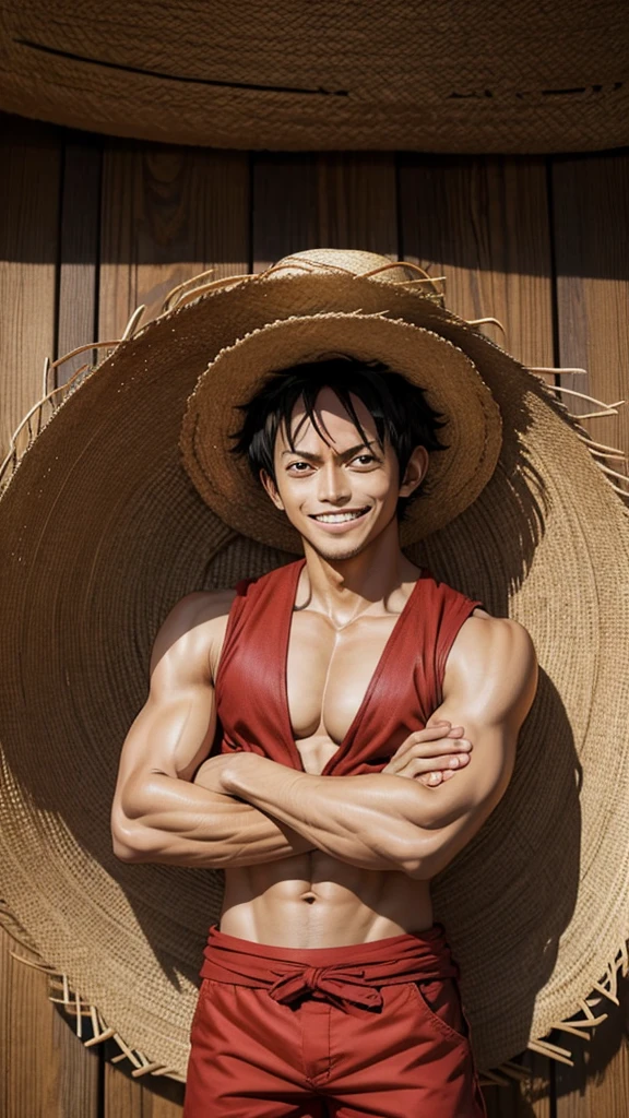 1 men, Monkey D Luffy in the straw hat with his arms crossed smiling 