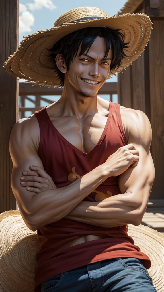 1 men, Monkey D Luffy in the straw hat with his arms crossed smiling