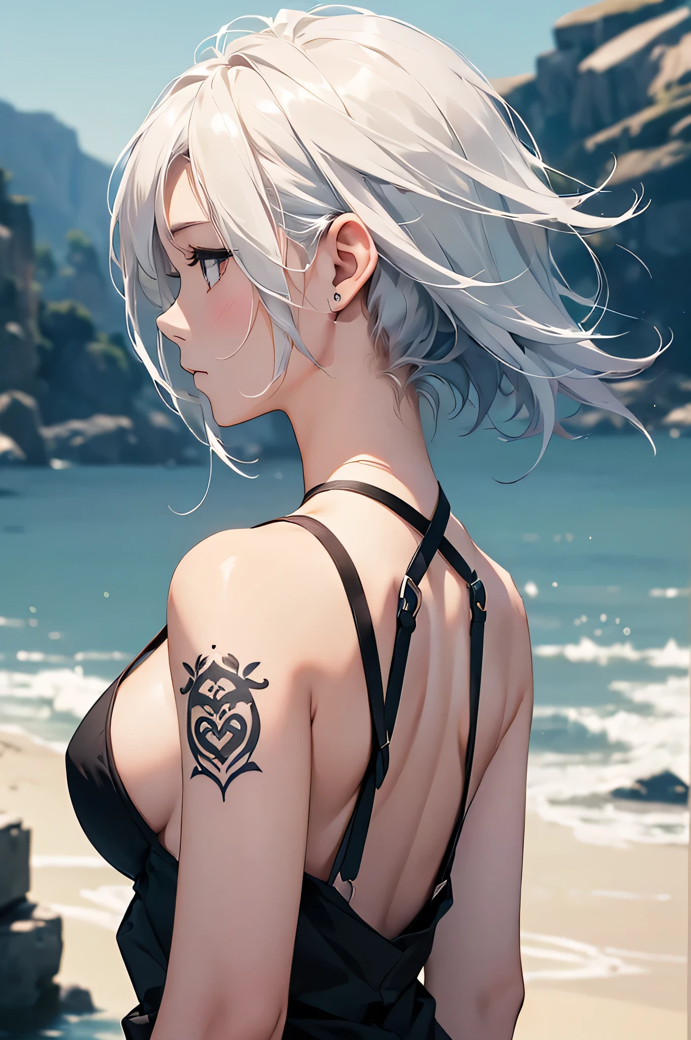 (Image from chest up:1.4)((masterpiece:1.5,Highest quality,Beautiful images、2.5D、Abstract、Artistic、Portraiture))(1girl, solo)(medium breasts, white hair、bob hair、Beautiful cleavage、Exposing shoulders、Tattoo on shoulder)(Profile Portrait,Gaze sideways、Gaze diagonally、Shake your head、A sad expression, floating hair)(Monotone artistic background)((from behind:1.5)),Landscape
