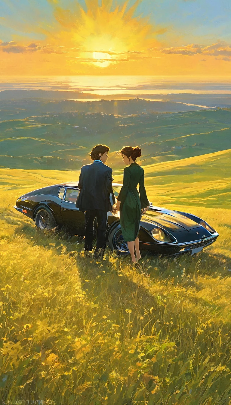 A pair of youthful lovers stand atop a sunlit hill overlooking a vast expanse of grassland, the vibrant sun casting a warm orange glow. In the distance, a sleek black JDM car adds a modern touch to the serene landscape. This picturesque scene, likely a photograph, captures the couple's idyllic moment perfectly. The man exudes youthful vitality, his tousled hair catching the sunlight, while the girl radiates a sense of gentle beauty, the wind gently tousling her flowy attire. Their body language speaks of intimacy and affection, painting a scene of young love in all its purity and innocence. Each detail is rendered with exquisite attention, from the blades of grass underfoot to the horizon stretching out into the distance, creating a visually stunning snapshot of a fleeting moment of romance.