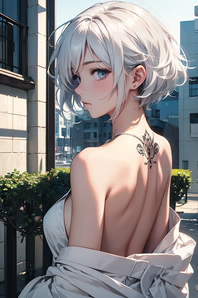 (Image from chest up:1.4)((masterpiece:1.5,Highest quality,Beautiful images、2.5D、Abstract、Artistic、Portraiture))(1girl, 独奏)(medium breasts, white hair、bob hair、Beautiful cleavage、Exposing shoulders、Tattoo on shoulder)(横顔のPortraiture,Gaze sideways、Gaze diagonally、Shake your head、A sad expression, floating hair)(Monotone artistic background)((from behind:1.5)),Landscape