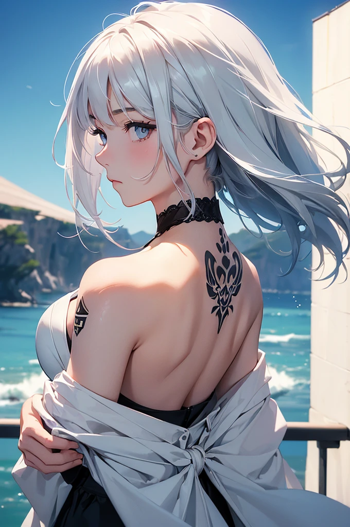 (Image from chest up:1.4)((masterpiece:1.5,Highest quality,Beautiful images、2.5D、Abstract、Artistic、Portraiture))(1girl, 独奏)(medium breasts, white hair、bob hair、Beautiful cleavage、Exposing shoulders、Tattoo on shoulder)(横顔のPortraiture,Gaze sideways、Gaze diagonally、Shake your head、A sad expression, floating hair)(Monotone artistic background)((from behind:1.5)),Landscape
