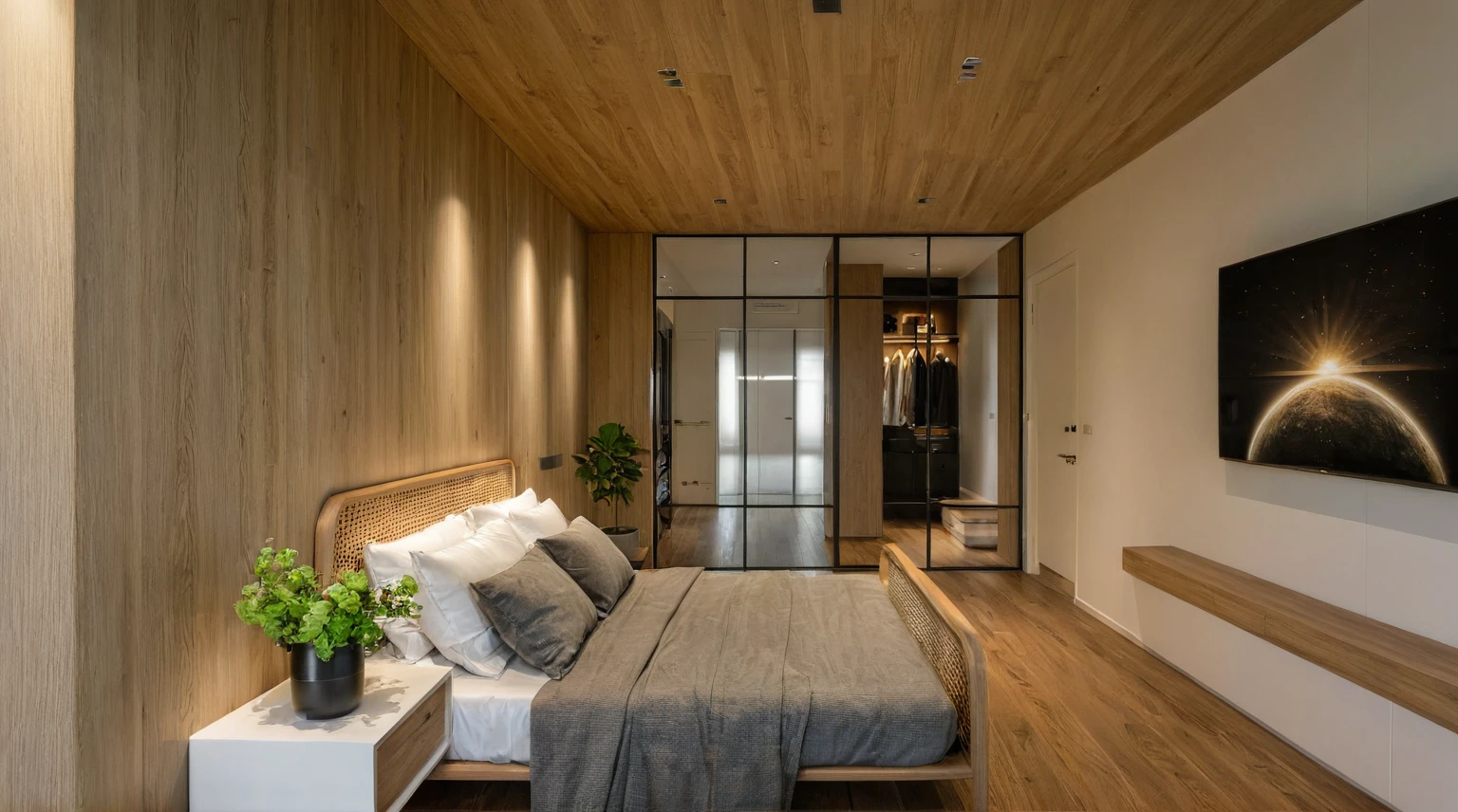 Raw photo, Masterpiece, high quality, best quality, authentic, super detail, interior, indoors, style modern, minimalist line, wooden, oak wood, led light, beige paint wall, sofa, atrium, LIVING ROOM, PEN HOUSE, kitchen, island kitchen, alu window, japan style, wasabi style, Jen style, steel stair, glass railing