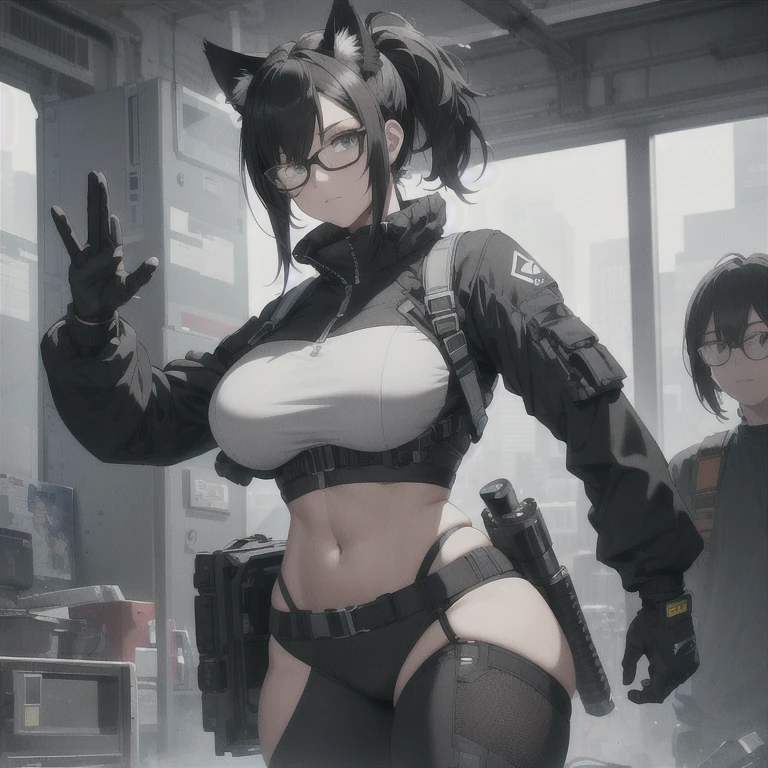 Absurd resolution, high resolution, (masterpiece: 1.4), hyper-detail, full body shot, solo, 1 kemono feline cat woman, black hair, glasses, messy ponytail, cute face, detailed soft grey eyes, huge massive hyper super swollen breasts that cover her whole torso and are bigger than her head while being so big they reach her belly button, extremely large bust, wide full hips, narrower torso and shoulders, smaller torso, full thicc big soft thighs, big rounded full soft butt, ruggedized utility styled outfit, full body outfit coverage with no skin showing or revealed, weather-proof durable clothing material, monochrome black and grey fullbody covering protective padding pilot rugged utility suit with white chest, scifi padded rugged high collar techwear jacket, white and black triangular decals and techwear iconography on apparel and clothing, techwear gloves, arm mounted strapped display scifi tablet/communication device/computer, rugged tablet display mounted on MOLLE strap on top of her bust, ruggedized computer tablet mounted above her breasts, screen display mounted on top of her chest, ruggedized tech, ruggedized tech aesthetic, fitted utility pants, utility chaps, near future scifi, cyberpunk aesthetic, anime aesthetic
