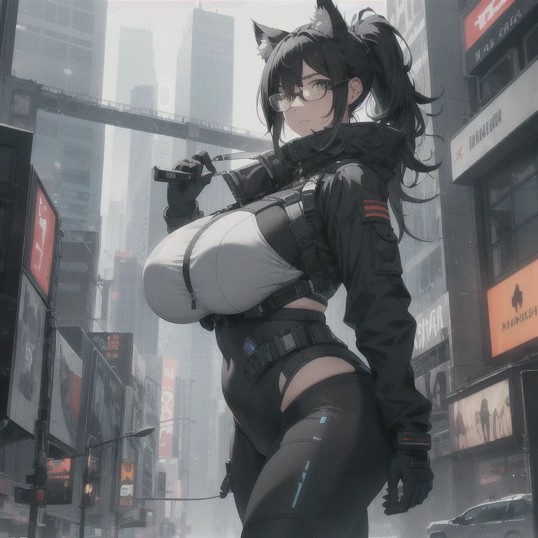 Absurd resolution, high resolution, (masterpiece: 1.4), hyper-detail, full body shot, solo, 1 kemono feline cat woman, black hair, glasses, messy ponytail, cute face, detailed soft grey eyes, huge massive hyper super swollen breasts that cover her whole torso and are bigger than her head while being so big they reach her belly button, extremely large bust, wide full hips, narrower torso and shoulders, smaller torso, full thicc big soft thighs, big rounded full soft butt, ruggedized utility styled outfit, full body outfit coverage with no skin showing or revealed, weather-proof durable clothing material, monochrome black and grey fullbody covering protective padding pilot rugged utility suit with white chest, scifi padded rugged high collar techwear jacket, white and black triangular decals and techwear iconography on apparel and clothing, techwear gloves, arm mounted strapped display scifi tablet/communication device/computer, rugged tablet display mounted on MOLLE strap on top of her bust, ruggedized computer tablet mounted above her breasts, screen display mounted on top of her chest, ruggedized tech, ruggedized tech aesthetic, fitted utility pants, utility chaps, near future scifi, cyberpunk aesthetic, anime aesthetic