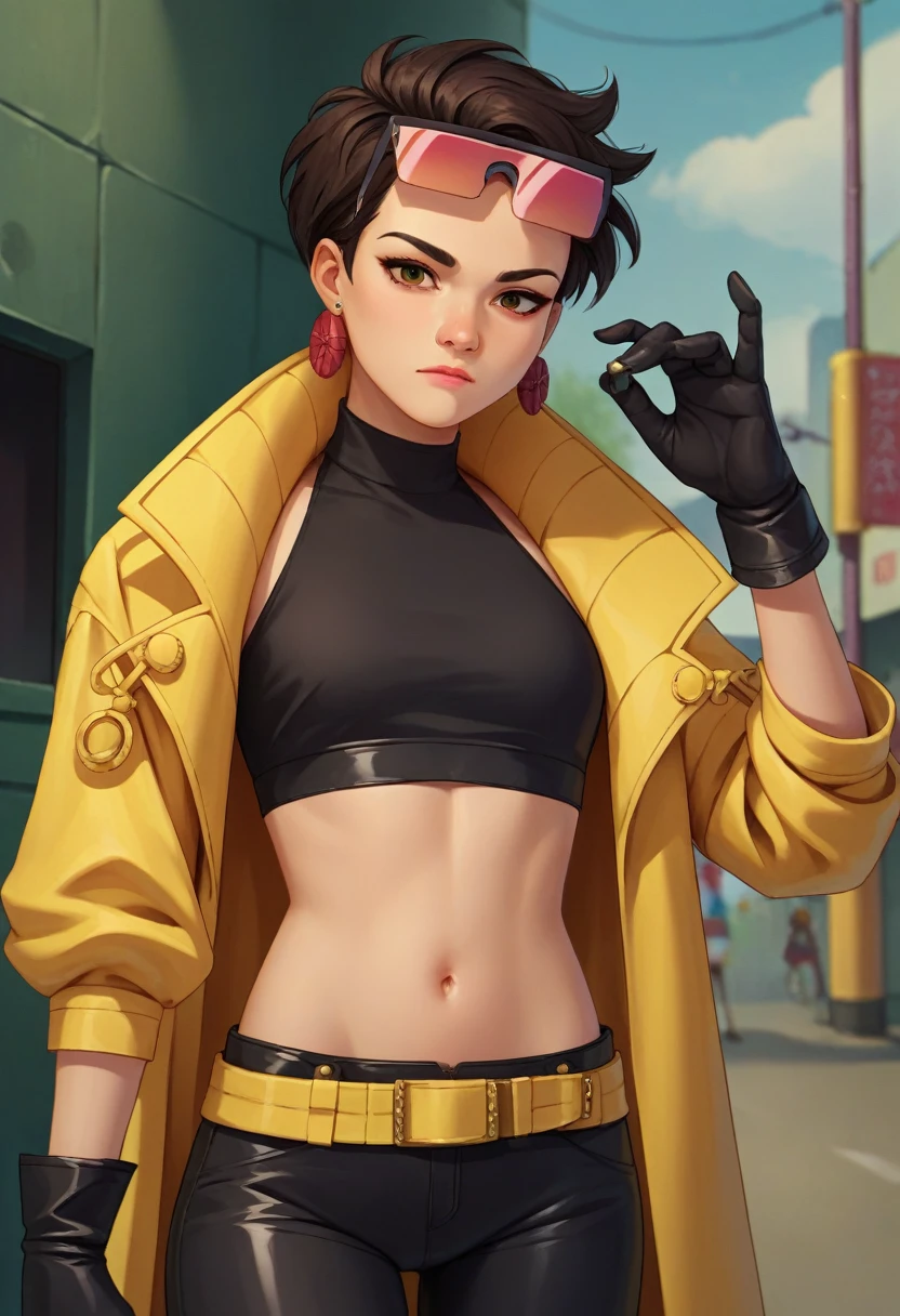 score_9, score_8_up, score_7_up, source_anime, 1girl, solo, looking at viewer, clamJBLee97, cJsunglasses, yellow coat, black gloves, black bodysuit, ((midriff)), ((navel)), ((crop top)), ((bare midriff)), earrings 