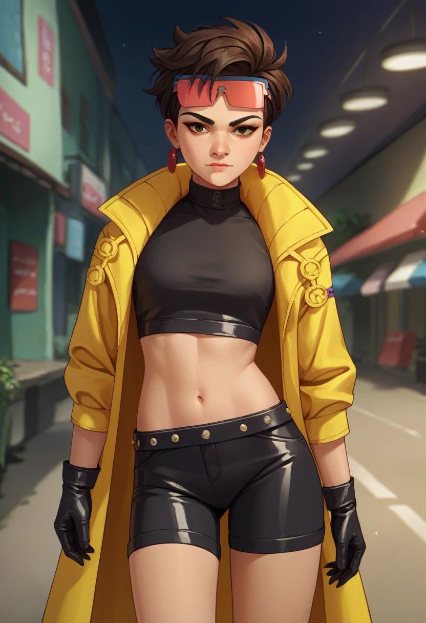 score_9, score_8_up, score_7_up, source_anime, 1girl, solo, looking at viewer, clamJBLee97, cJsunglasses, yellow coat, black gloves, black bodysuit, ((midriff)), ((navel)), ((crop top)), ((bare midriff)), earrings 