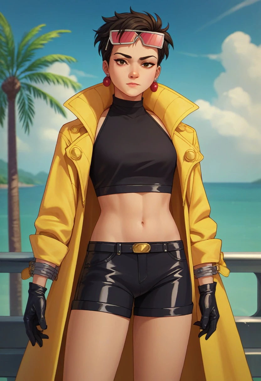 score_9, score_8_up, score_7_up, source_anime, 1girl, solo, looking at viewer, clamJBLee97, cJsunglasses, yellow coat, black gloves, black bodysuit, ((midriff)), ((navel)), ((crop top)), ((bare midriff)), earrings 