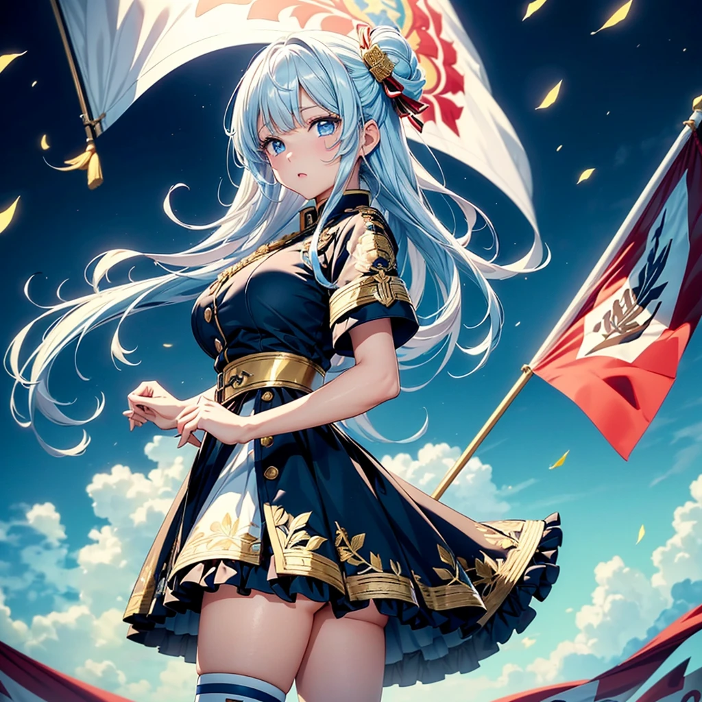 1girl、Dynamic composition、marching band、(((Masterpiece、Highest quality、Official Art、Super detailed、Handsome face、Dynamic composition)))、Anime Style、(Milky white and blue hair:1.3),(blue eyes:1.4),(Bright colors:1.4),((麻の葉background:1.3)),, marching bandのユニフォームを着たクールな女の子, marching bandの帽子、mini skirt, Frills, Black and white with gold embroidered flag held in both hands,（background:Large red flag on the back with gold floral embroidery, Note, )、euphonium、Huge Flag、