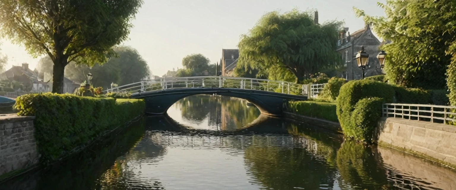 A tranquil canal scene with a paved walkway running along the right side, bordered by well-manicured bushes and lush green foliage. A small wooden boat is docked by the canal, its bow slightly pointing towards the water. The canal itself is calm, with gentle ripples created by a group of ducks swimming near the center. Overhanging the canal is a large, leafy tree branch adorned with several hanging lanterns of various shapes and sizes. The lanterns are made of intricate glass and metal, casting a warm, soft glow. In the background, a white arched bridge spans the canal, with houses lining the opposite bank. The entire scene is bathed in the golden light of either early morning or late afternoon, creating a serene and picturesque atmosphere., hyper realistic, 8k, vibrant colors
