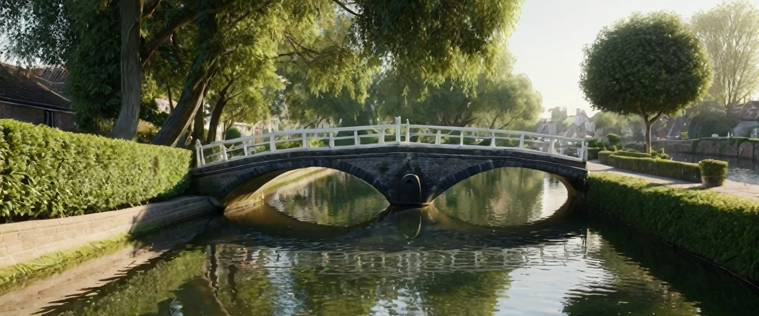 A tranquil canal scene with a paved walkway running along the right side, bordered by well-manicured bushes and lush green foliage. A small wooden boat is docked by the canal, its bow slightly pointing towards the water. The canal itself is calm, with gentle ripples created by a group of ducks swimming near the center. Overhanging the canal is a large, leafy tree branch adorned with several hanging lanterns of various shapes and sizes. The lanterns are made of intricate glass and metal, casting a warm, soft glow. In the background, a white arched bridge spans the canal, with houses lining the opposite bank. The entire scene is bathed in the golden light of either early morning or late afternoon, creating a serene and picturesque atmosphere., hyper realistic, 8k, vibrant colors