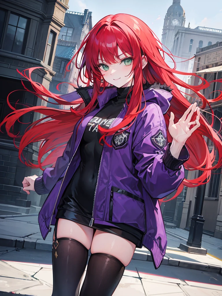 woman, green eyes, long red hair, bangs. she hair wavy. wear purple black winter jacket, arrogant, independent woman, thug. bad girl. intimidating women. background in mansion. smiling. 