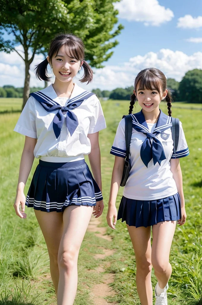 2 girls walking in rural field,cumulonimbus cloud in summer blue sky,white sailor shirt with red bow tie,white panties with navy blue frills,school bag,18-year-old,bangs,a little smile,thighs,knees,short hair with low pigtails bunches,from before,front light