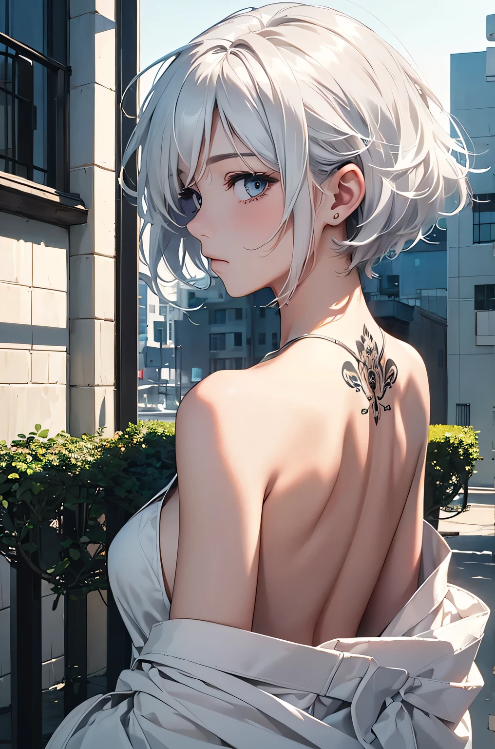 (Image from chest up:1.4)((masterpiece:1.5,Highest quality,Beautiful images、Sketch、2.5D、Ink Painting、Abstract、Artistic、Portraiture))(1girl, solo)(medium breasts, Silver Hair、short hair、sideboob、Exposing shoulders、Tattoo on shoulder)(Profile Portrait,Gaze sideways、Gaze diagonally、Shake your head、A sad expression, floating hair)(Monotone Abstract Background)((from backside:1.3)),Landscape