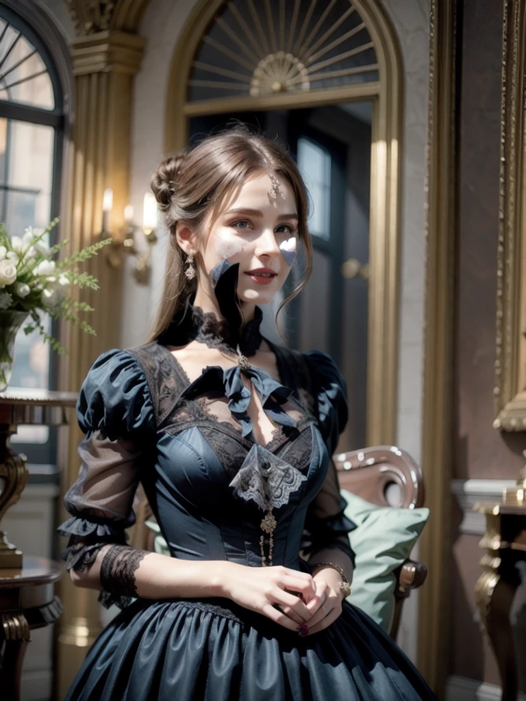 (realistic:1.3), finely detailed, quality, rembrandt lighting, (masterpiece:1.2), (photorealistic:1.2), (best quality), (detailed skin:1.3), (intricate details), dramatic, ray tracing, 1woman, russian girl, 21 years old, detailed skin texture, (blush:0.5), (goosebumps:0.5), subsurface scattering, smiling, medium breasts, updo hair,hair bun, bangs, hair ornaments, jewelry, (black victorian dress:1.2), long dress, (lace overlay:1.2), lace, lace embroidery, frills, brooch, puffy sleeves, (indoors, lavish resplendent decorations, aristocrat mansion, living room, antiques), 