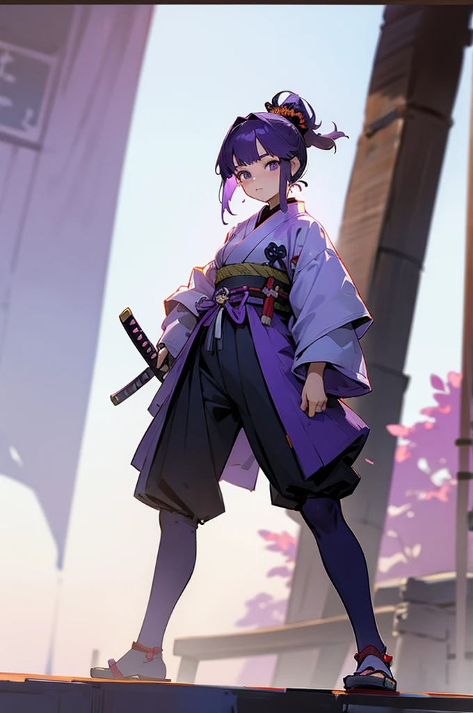 Teen , Female, samurai Clothing, Standing pose, Town background, Purple Hair