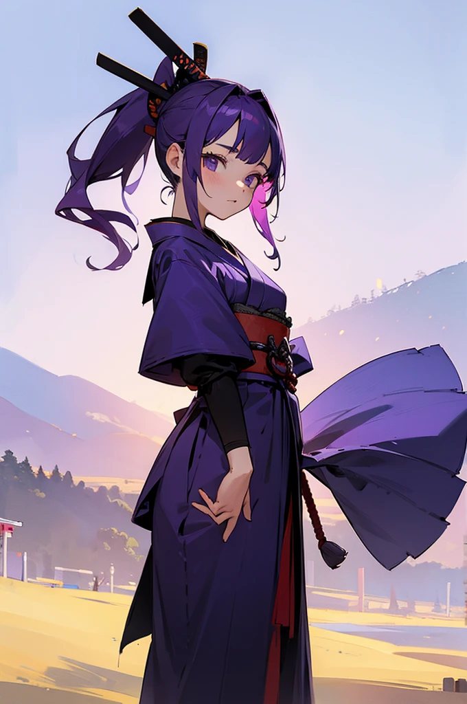 , Female, samurai Clothing, Standing pose, Town background, Purple Hair