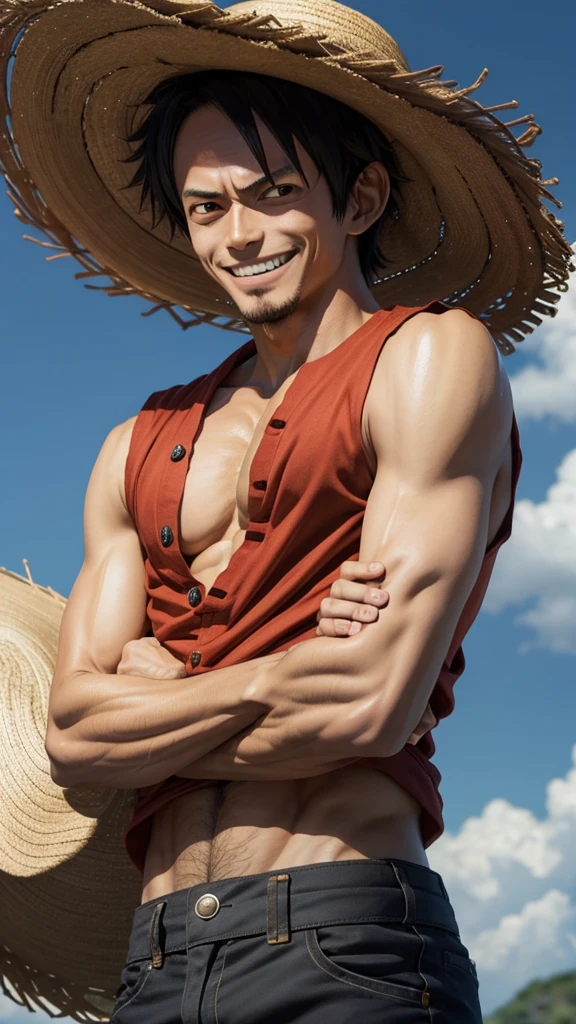 1 men, Monkey D Luffy in the straw hat with his arms crossed smiling (created by Eiichiro Oda)