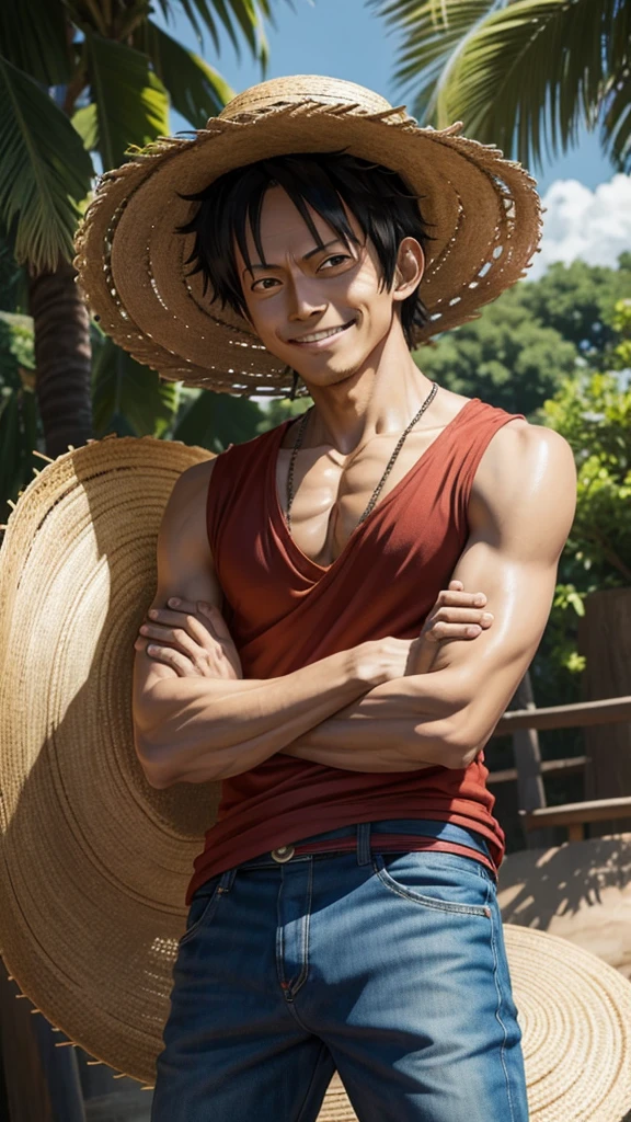 1 men, Monkey D Luffy in the straw hat with his arms crossed smiling (created by Eiichiro Oda)