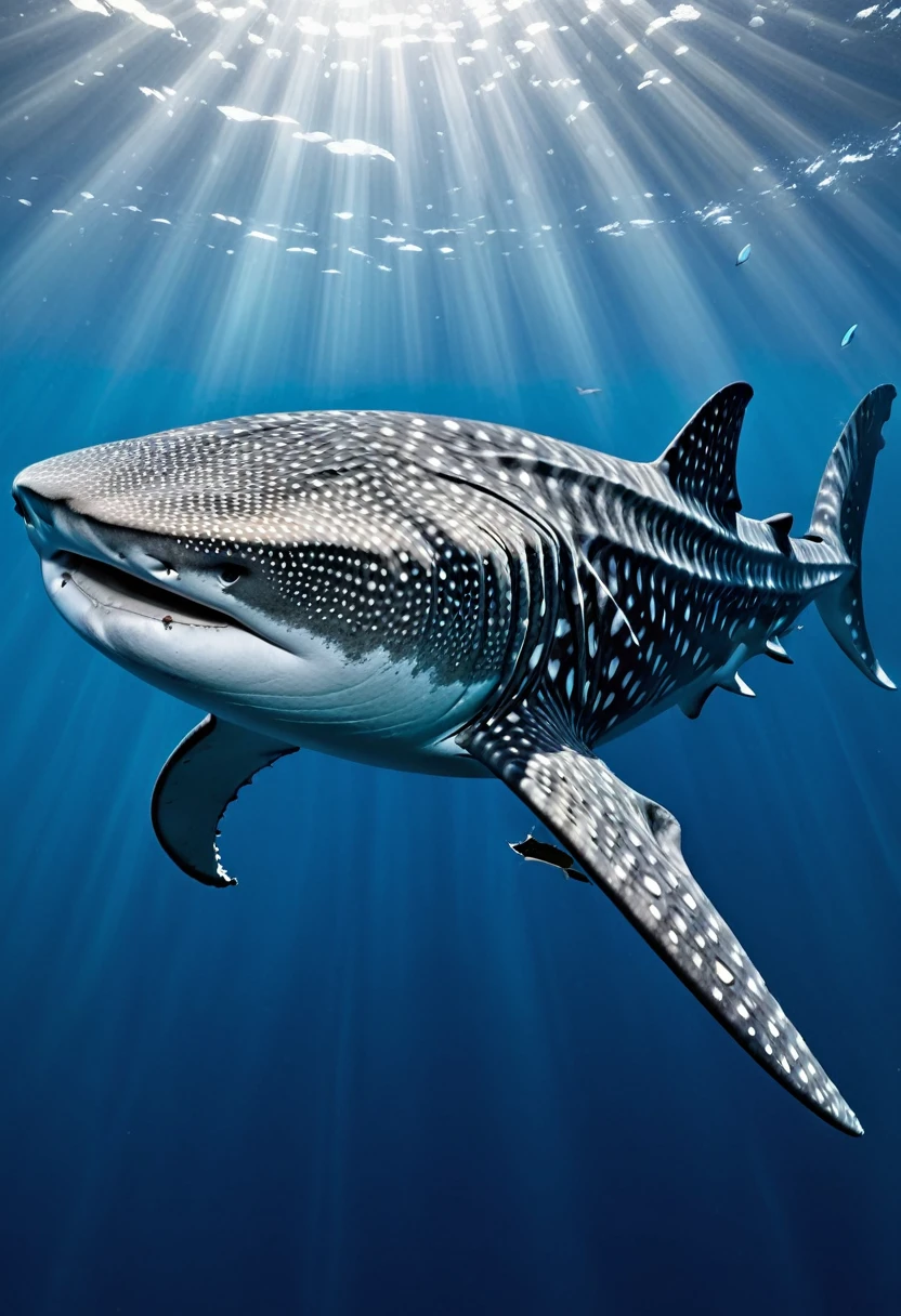 Create an illustration of a whale shark. Show the majestic creature swimming gracefully in deep ocean waters, with its distinctive patterns of light and shadows dappling its massive body. Capture the gentle demeanor of the whale shark, emphasizing its enormous size and the unique markings that distinguish it.