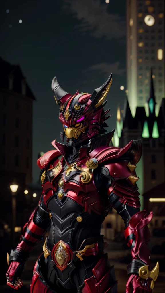 A man in fantasy-style full body armor, A fully enclosed helmet inspired by wolf ears, Composite Layered Chest Plate, Fully covered shoulder and hand guards, Lightweight waist armor, Close-fitting shin guards, The overall design is sturdy yet flexible, ((The armor emits a black light., Red is the accent)), Gives off a noble aura, This character is、It embodies a hero wearing fantasy surreal style armor elaborately crafted in anime style.。, Exquisite and mature cartoon art style, (Bat Concept Armor, Realistic:1.4, Realistic textured materials:1.2, Professional photos, Cinematic), ((City night view, element, energy, elegant, goddess, woman:1.5)), metallic, High resolution, Highest quality, High resolution, Super detailed, Ultra-fine painting, Very delicate, Anatomically correct, Symmetrical face, Highly detailed eyes and face, High quality eyes, creativity, RAW Photos, 超High resolution, 32k, Natural light, Cinematic lighting, masterpiece-anatomy-perfect, masterpiece:1.5