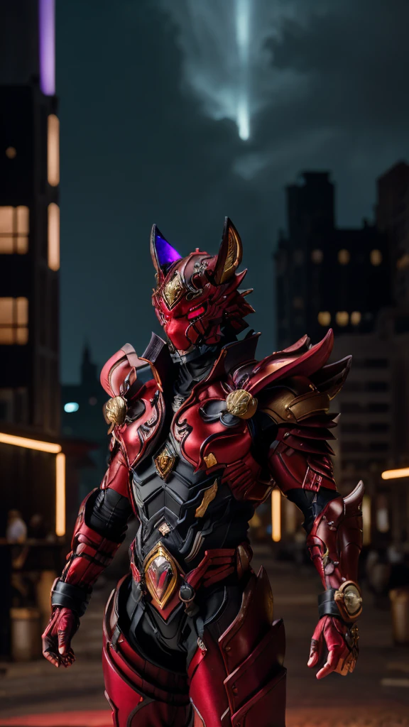 A man in fantasy-style full body armor, A fully enclosed helmet inspired by wolf ears, Composite Layered Chest Plate, Fully covered shoulder and hand guards, Lightweight waist armor, Close-fitting shin guards, The overall design is sturdy yet flexible, ((The armor emits a black light., Red is the accent)), Gives off a noble aura, This character is、It embodies a hero wearing fantasy surreal style armor elaborately crafted in anime style.。, Exquisite and mature cartoon art style, (Bat Concept Armor, Realistic:1.4, Realistic textured materials:1.2, Professional photos, Cinematic), ((City night view, element, energy, elegant, goddess, woman:1.5)), metallic, High resolution, Highest quality, High resolution, Super detailed, Ultra-fine painting, Very delicate, Anatomically correct, Symmetrical face, Highly detailed eyes and face, High quality eyes, creativity, RAW Photos, 超High resolution, 32k, Natural light, Cinematic lighting, masterpiece-anatomy-perfect, masterpiece:1.5