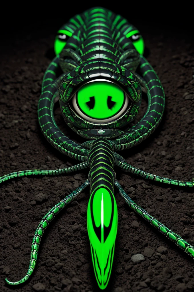 Skeletal centipede snake, ((bright green left eye)), ((bright red right eye)), (bright blue third eye)), teticra