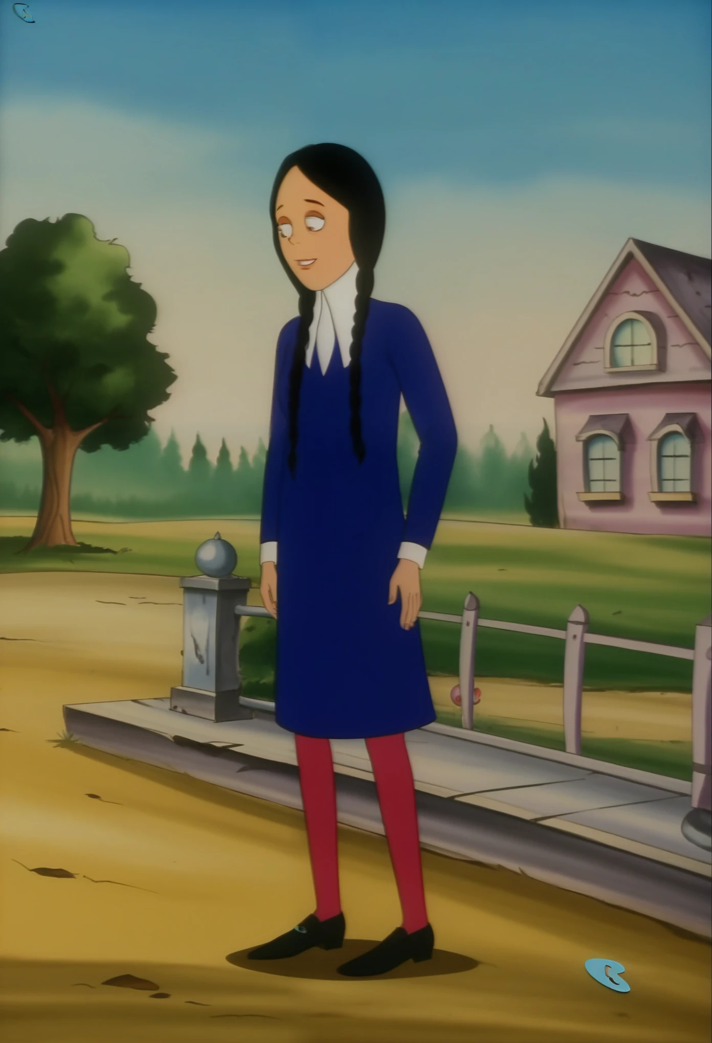 score_9, 1girl, solo, wednesday, black hair, twin braids, dress, outdoors,