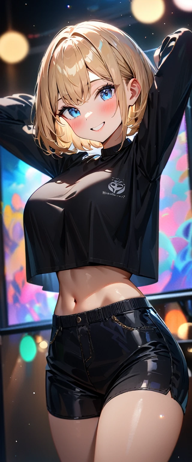 (((One girl))), blond hair, bob cut, big breasts, voluptuous, (cowboy shot), (looking at viewer), ((black shorts)), ((black crop top overhang)), face in focus, teenager, head tilt:1.3, (((blue eye))), ((happy smile)), ((blush)), contrapposto, arms up, anime style, (best quality, 4k, 8k, highres, masterpiece:1.2, ultra-detailed, ultra-detailed eyes, HDR, UHD, studio lighting, ultra-fine painting, sharp focus, physically-based rendering, extreme detail description, professional, vivid colors, bokeh)