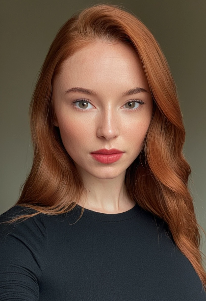 raw photo, raw picture, realism, realistic style, a photo \(high\) of katiekones \(subject\), wearing a black dress \(wardrobe\), in the bedroom \(background\), red hair, thin lips, facial skin fuzz, full body, portrait, highres, best quality, full sharp, 4 k photography, real detailed skin texture, (blush:0.5), (goosebumps:0.5), subsurface scattering, RAW candid cinema, 16mm, color graded portra 400 film, remarkable color, ultra realistic, textured skin, remarkable detailed pupils, realistic dull skin noise, visible skin detail, skin fuzz, dry skin, shot with cinematic camera