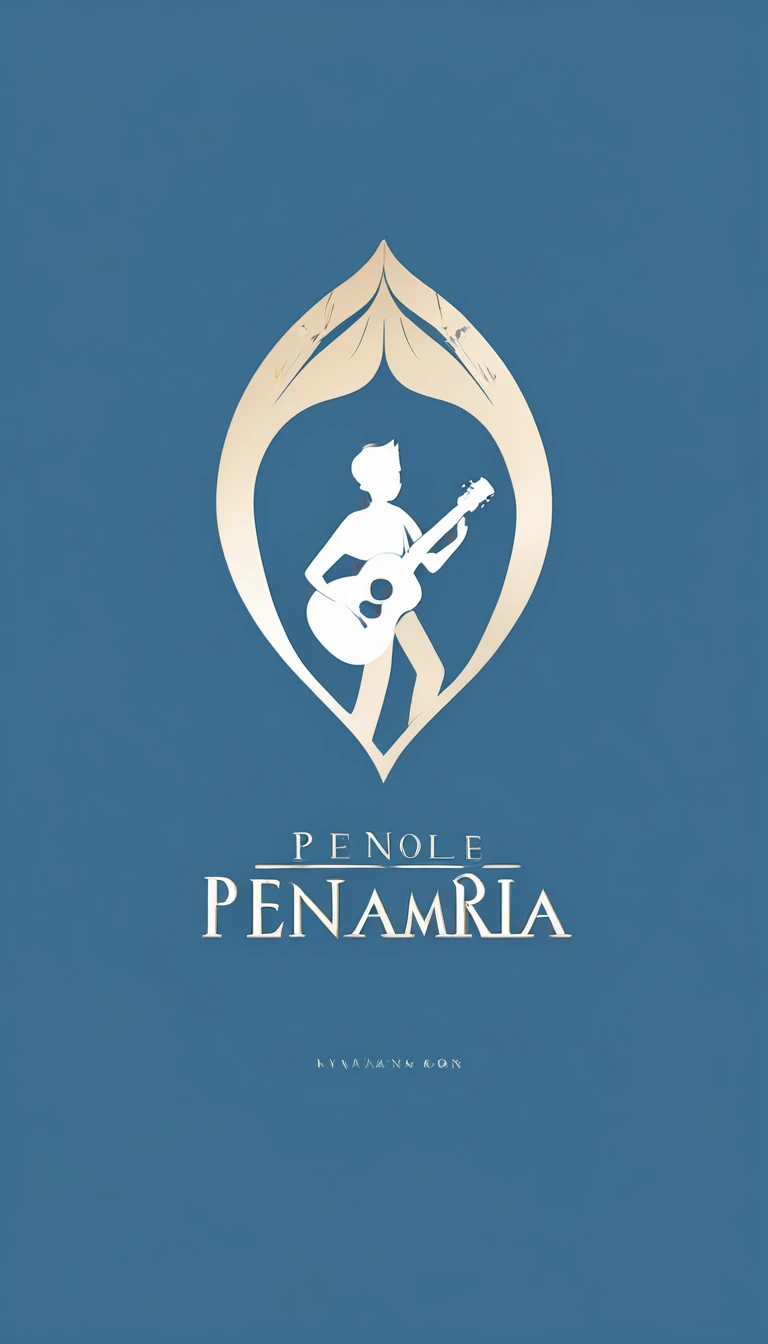 A minimal, modern, simple, cinematic logo design for the brand “Penamemoria". The logo design must be a simple, silhouette of a boy, standing up, playing acoustic guitar and fantasy feather by his side. The logo must convey a sense of music, stories, memories and dreams. Logo design impressed on a book cover. Minimalistic logo. Light blue, white and soft golden as colors for the logo design