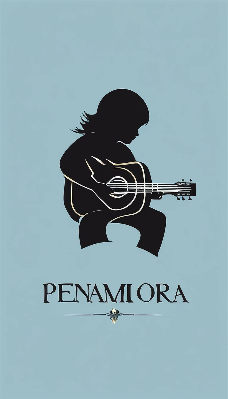 A minimal, modern, simple, cinematic logo design for the brand “Penamemoria". The logo design must be a simple, silhouette of a boy, standing up, playing acoustic guitar and fantasy feather by his side. The logo must convey a sense of music, stories, memories and dreams. Logo design impressed on a book cover. Minimalistic logo. Light blue, white and soft golden as colors for the logo design